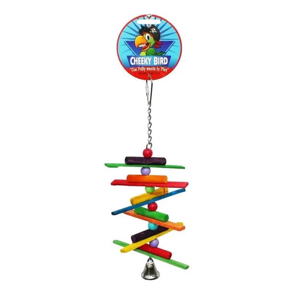 Cheeky Bird Spiral Sticks Hanging Wooden Bird Toy W/ Bell Small 3 Cheeky Bird Spiral Sticks Hanging Wooden Bird Toy W/ Bell Small