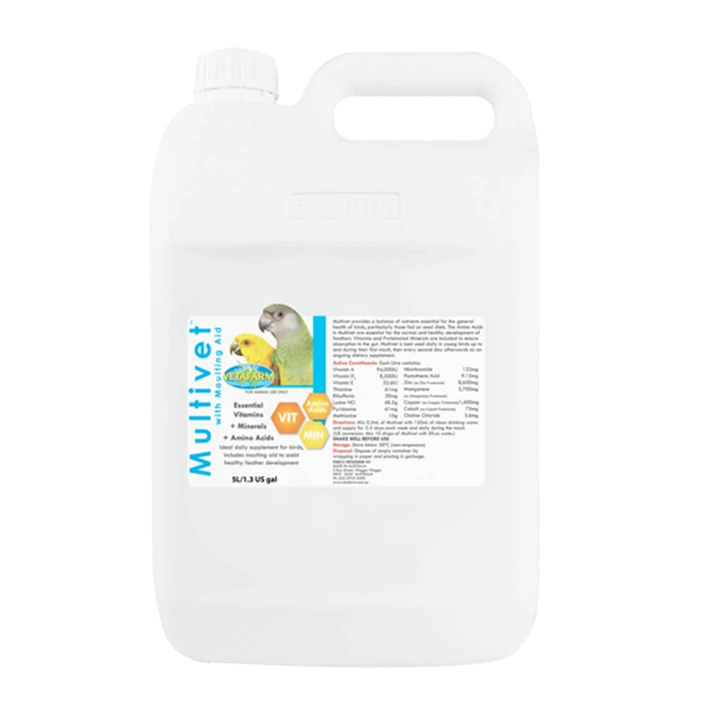 Vetafarm Multivet Liquid With Moulting Aid Daily Supplement For Birds 5L 3 Vetafarm Multivet Liquid With Moulting Aid Daily Supplement For Birds 5L